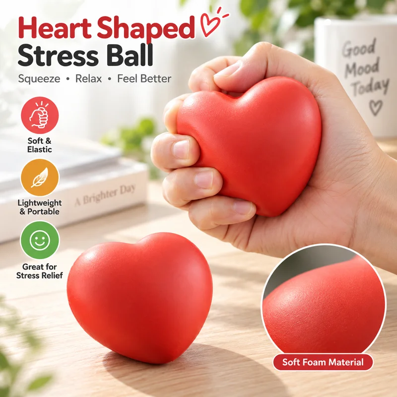 Heart Shaped Stress Relief Ball Soft Foam Squeeze Ball Hand Exercise Elastic Rubber Pressure Toy for Adults Anxiety Relief Gift
