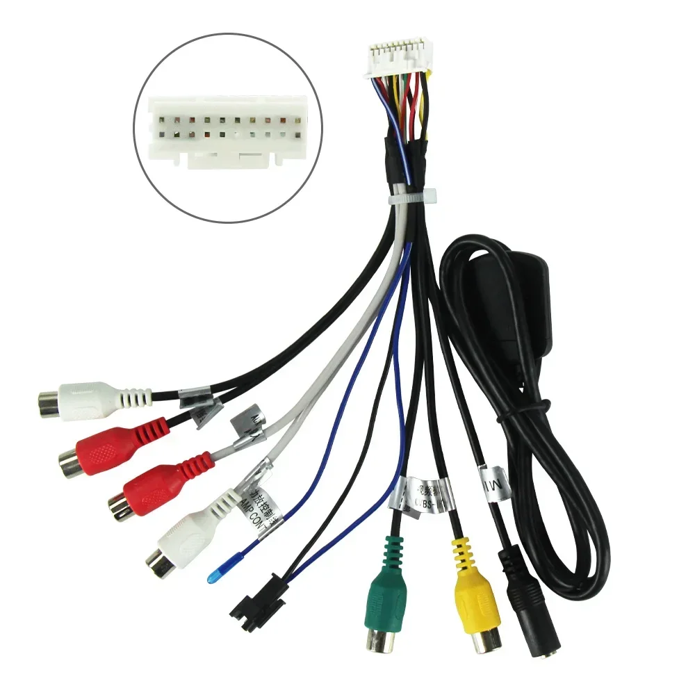 20 Pin RCA Socket CVBS Aux in Subwoofer Amp Control Wire Fan 12V Power Jack Mic Harness for Android Car Audio Video Cable Output