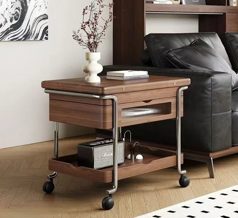 Solid wood trolley living room small apartment household mobile folding retro pulley liftable side table