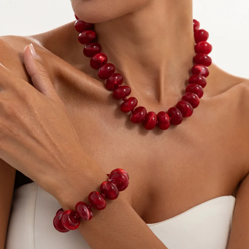 Ingemark 20 Colors Thick Acrylic Beaded Choker Necklace Bracelet Jewelry Set Women Boho Resin Chunky Necklace Bangle Wholesale