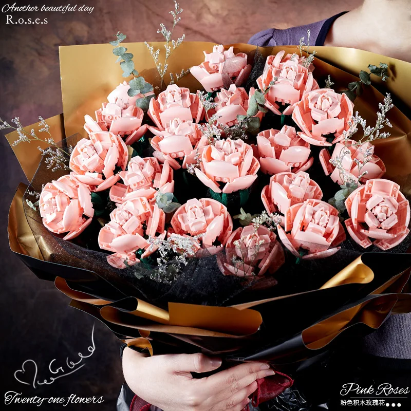 

MOC Eternal Rose Flower Bouquet Building Blocks Set Romantic Simulated Rose Pink Red Decor Gift For Kid's Girl Birthday Holiday