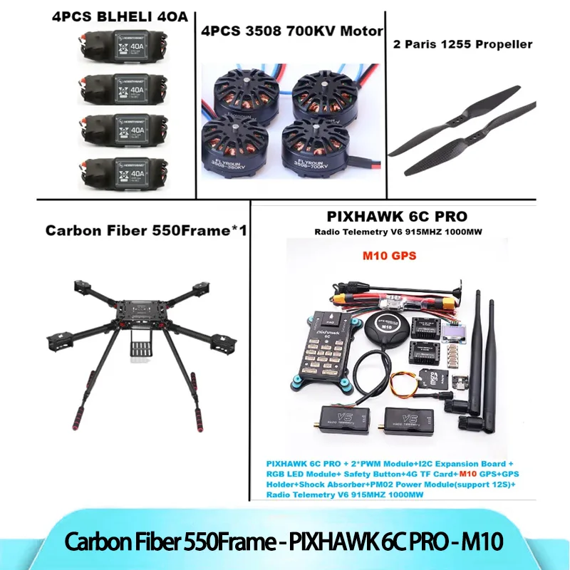 F550 Hexa Frame PIXHAWK 6C PRO M8N/M9N/M10 Flight Control Carbon Ardupilot Radio Telemetry Quadcopter 40A ESC 3508 700KV Motor