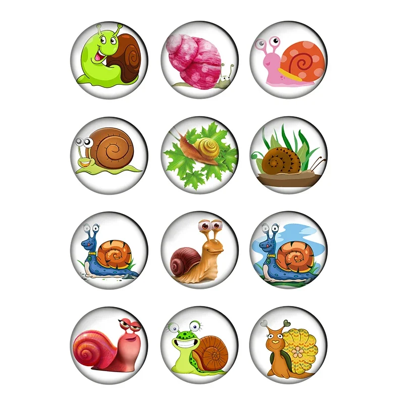 12pcs Cartoon Snail Round Photo Glass Cabochon 8 10mm 12mm 14 16mm 18 20mm 25mm Demo Flat Back DIY Jewelry Making Wholesale T071