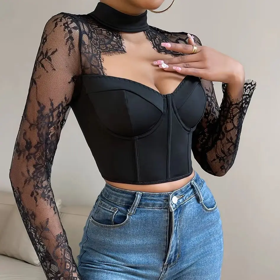 

Sexy Corset Transparent Lace Mesh Long Sleeve Camis Women Elegant Bones Crop Tops Shapewear Bustier Shaper Tank Top Slim T-Shirt