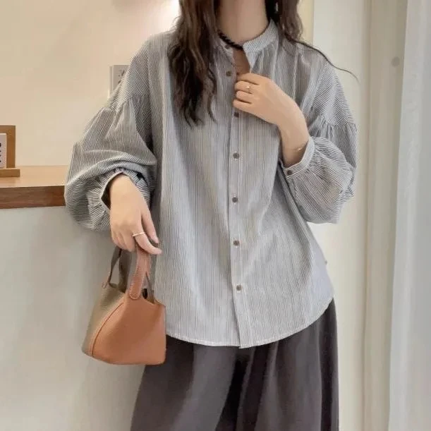 

Loose Stripe Lantern Sve irt Casual Autumn Sle Women's Top Small Stand Collar Slimming Japanese Sle Polyester Fiber