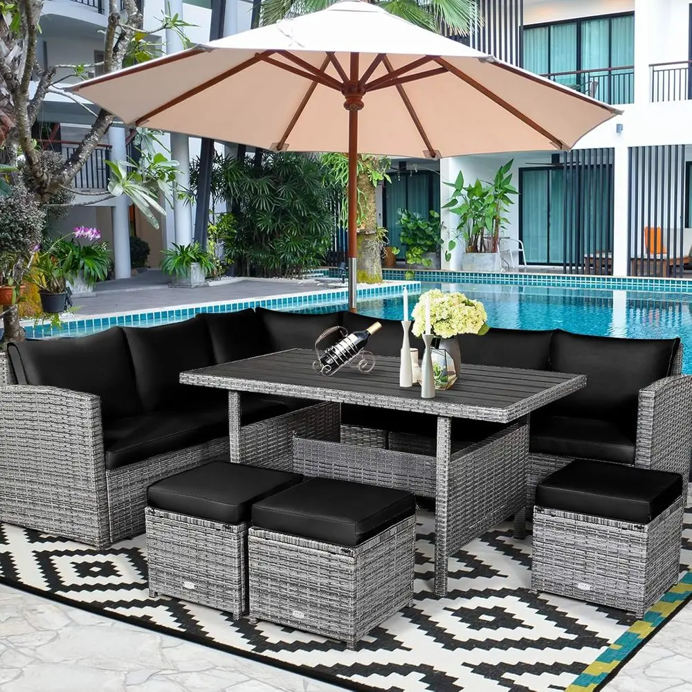 

All-Weather 6-7 Piece PE Wicker Sectional Patio Set with Dining Table and Ottomans for Outdoor Living