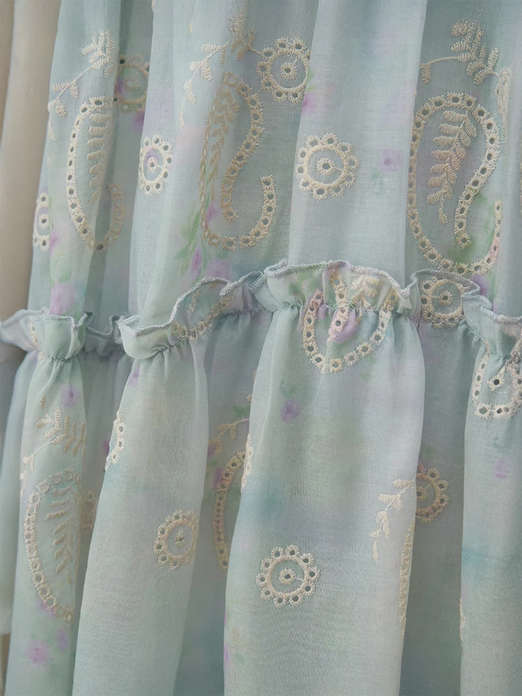 Vestido midi feminino com decote em V, manga curta, renda bordada, francês, elegante, em camadas, vestido de verão com detalhes florais vazados