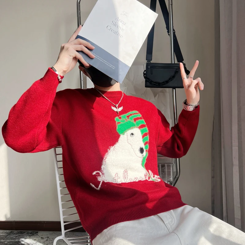 

Red Sweater Dragon Year Men's Inner Wear Casual Sle Winter Faion Teenagers Cisas Clothing New Year's Outfit