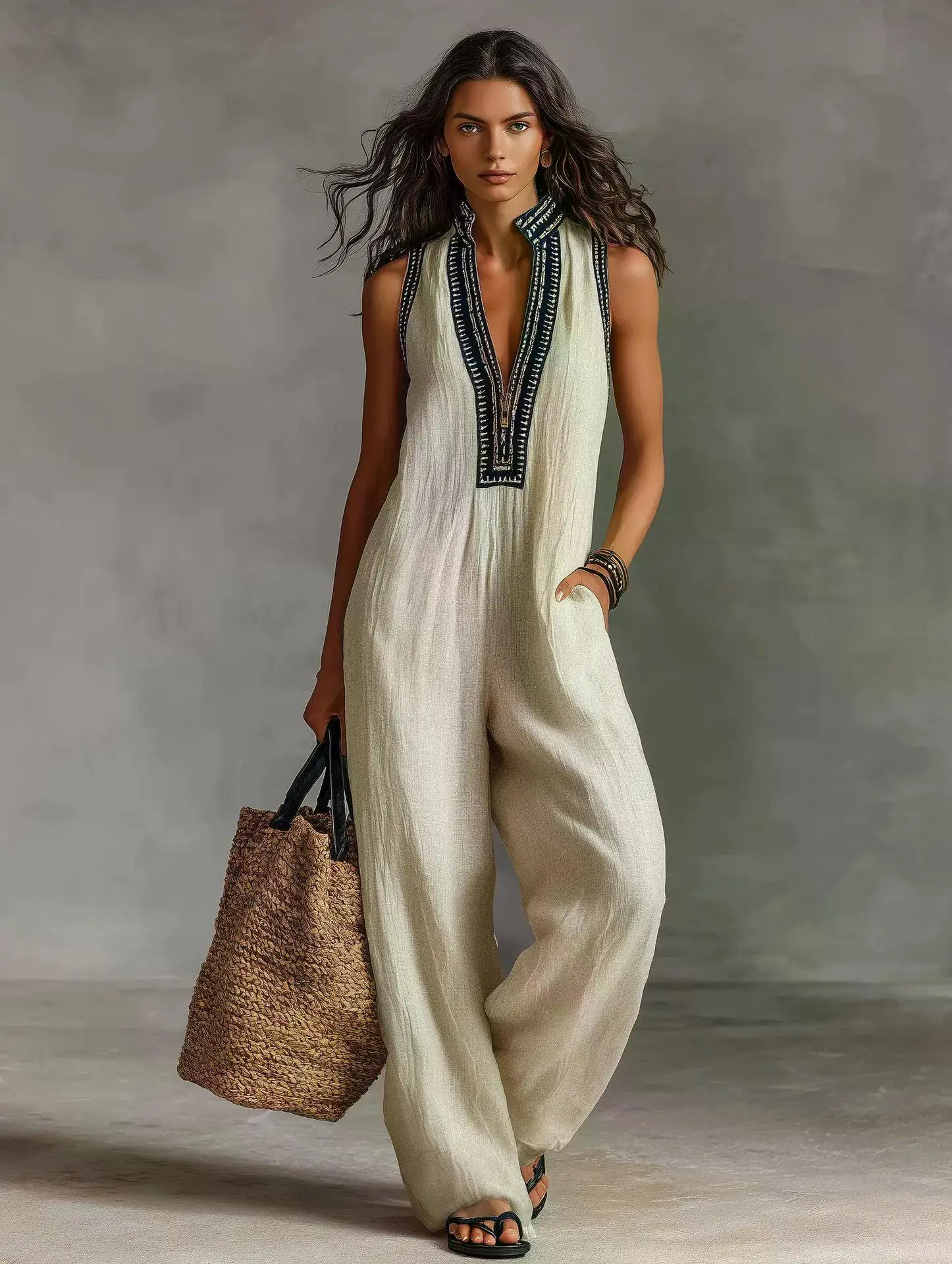 Women Contrast Trim Stand Collar Half Zip Jumpsuit Sleeveless Wide Leg Loose Fit Jumpsuit Summer Vacation Casual Jumpsuit Outfit