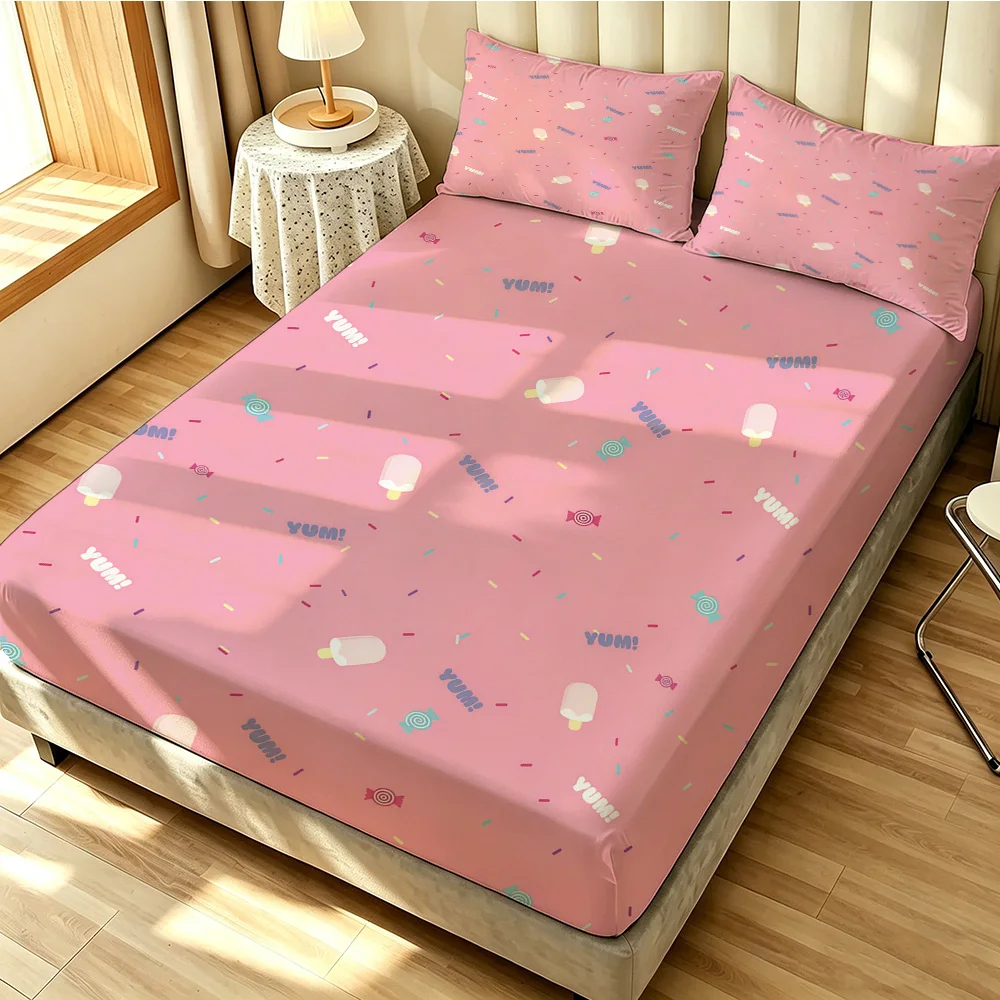 90G 3-Piece Bedding Set 1 Fitted Sheet + 2 Pillowcases Pink Heart Ice Cream Pattern Soft Microfiber Bed Sheet Set for Girls