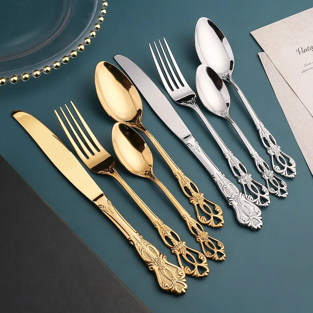 Gold Silverware Royal Vintage Wedding Luxury Gift Stainless Steel Knife Spoon Fork Flatware Cutlery Set