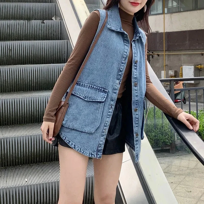 

Denim Vest Jacket Women Korean Fashion Turndown Collar Sleeveless Gilet Femme 2022 Spring Summer Single-Breasted Jeans Waistcoat