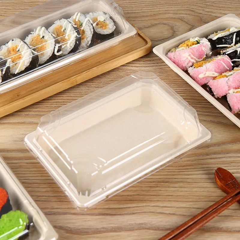 Imagem -04 - Caixa de Sushi Descartável Ferramenta de Embalagem para Levar Bandeja Japonesa Retangular Degradável Ambientalmente Amigável Cor de Trigo 50 Pcs