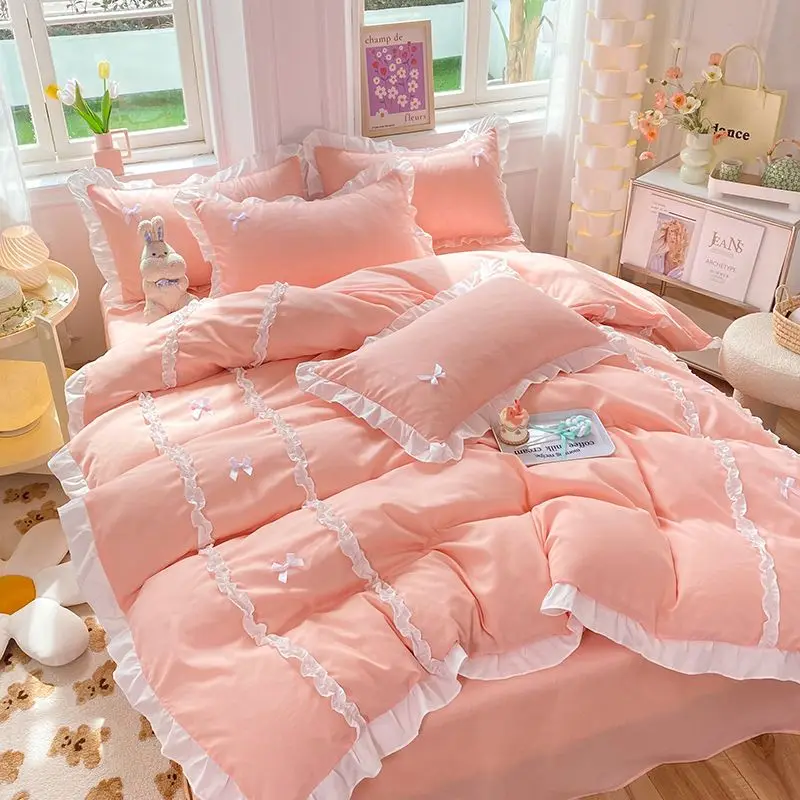 Kawaii Korean Bedding Sets No Filling Ins Princess Style Lace Bow Duvet Cover Fitted Sheet Girl Woman Home Bedroom Bed Linens