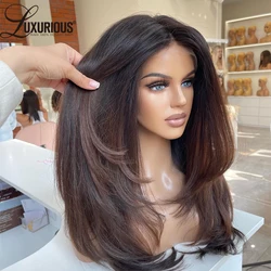 Ombre Brown Color 13x4 Lace Front Layered Wig Remy Brazilian Human Hair Pre Cut Straight Natural Black Frontal Wigs Pre Plucked