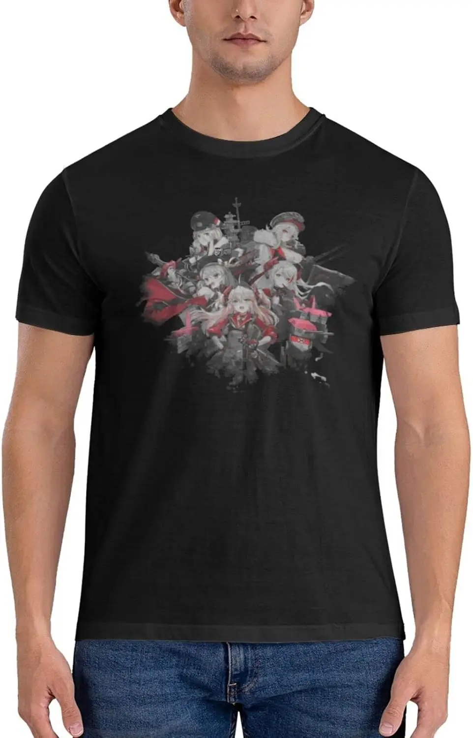 Azur Lane Anime Men's Shirt Print Art Crew Neck Short Sleeve T-Shirts Cotton Tees Black