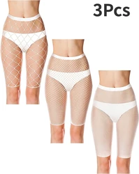 3Pcs Women Fishnet Shorts Pantyhose Fishnet Biker Short High Waisted Tights See Through Elastic Breathable Mesh Shorts for Lady