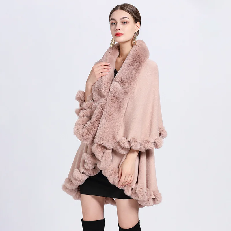 

Autumn Winter New Imitation Otter Rabbit Fur Collar Shawl Knitted Cardigan Loose Coat Ponchos Women Capes Pink Cloak