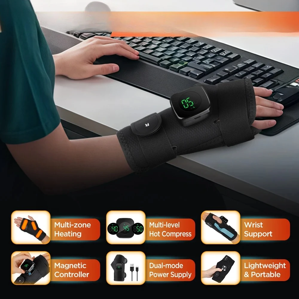 

2026 НОВЫЙ бандаж на запястье с электрическим подогревом и регулируемым и дышащим черным ремешком для занятий спортом и защиты суставов рук