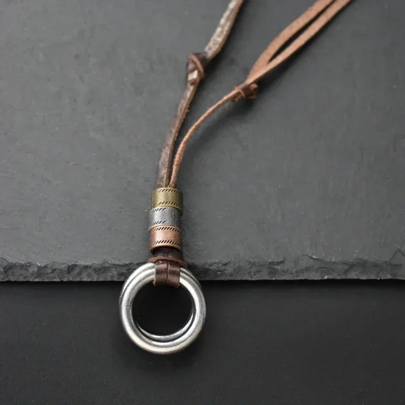 Boho Vintage Men Necklace Adjustable Genuine Leather Cord Necklace Double Circle Pendant Long Necklace Gift Handmade Jewelry