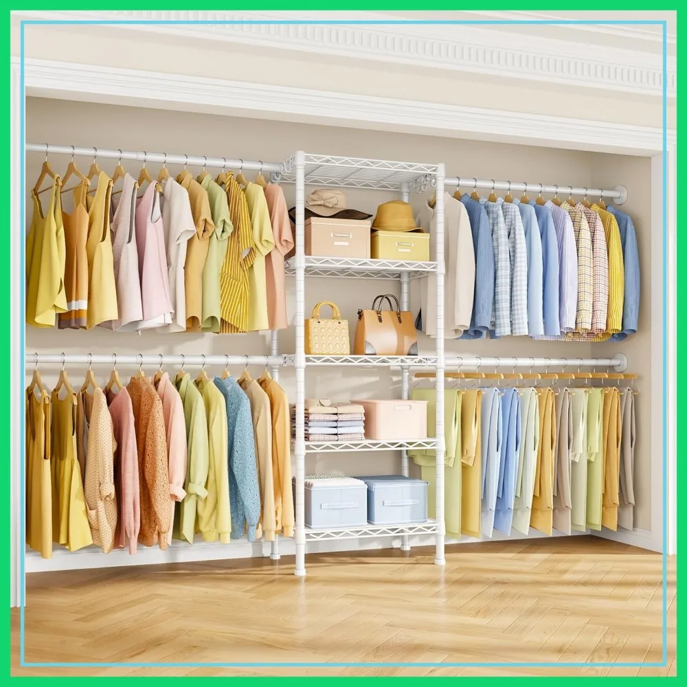 

Wall Mounted Closet System, 4 Expandable Hanger Rods, 5 Metal Shelves, 70.8-102.3" L x 14.5" D x 71.2" H, White