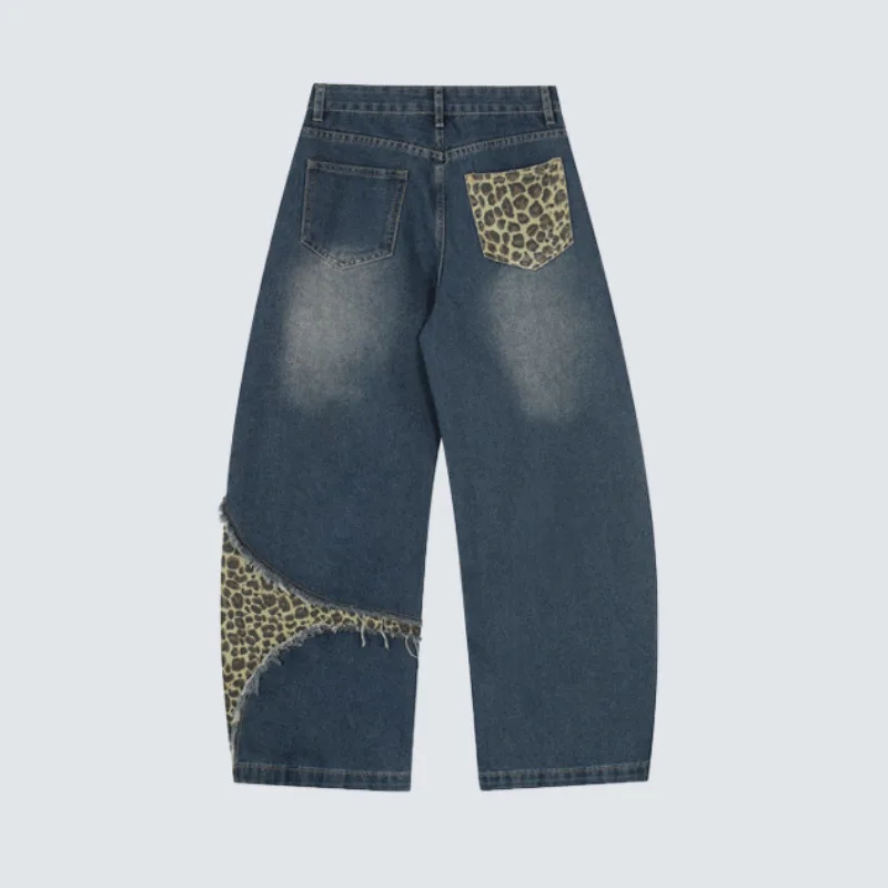 MWJLPWQ Vintage Washed Leopard Print Patchwork Jeans Men's Raw Edges Loose Straight-Leg Pants Unisex Wide-Leg Curved Pants 20431