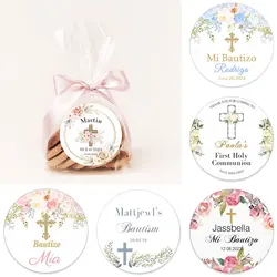 Custom First Communion Sticker Boy Girl Floral Mi Primera Comunión Label Personalized Mi Bautizo Baptism Decor Stickers Labels