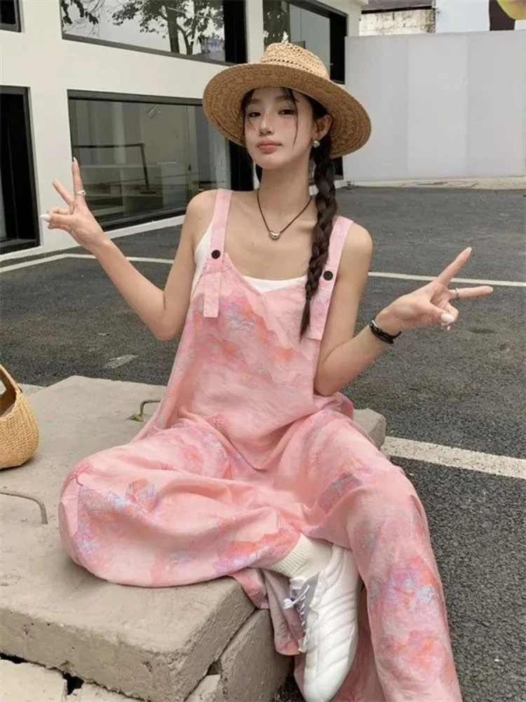 

​Women Summer Chinese Style Printed Suspender Wide Leg Jumpsuit Loose Casual High Waist Slimming Fashion​
