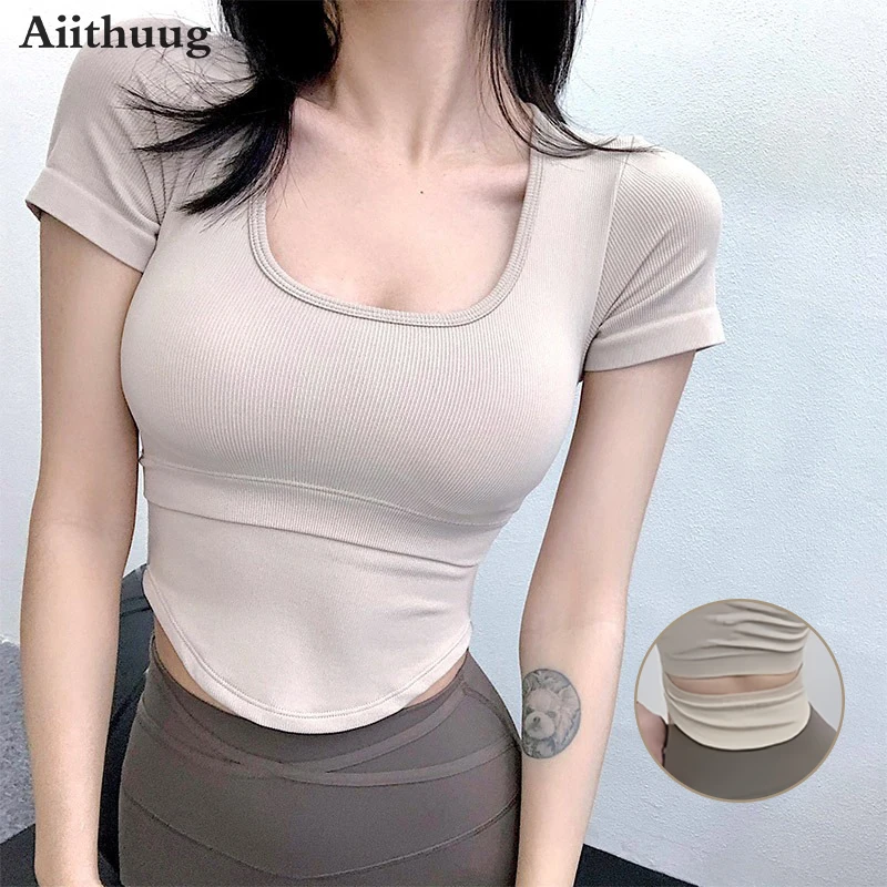 Aiithuug Fast Drying Tight Fitting Curve Hem Thread Yoga Tops With Built In Cup Short Sleeved U-neck Hollow Back Gym Sportswear