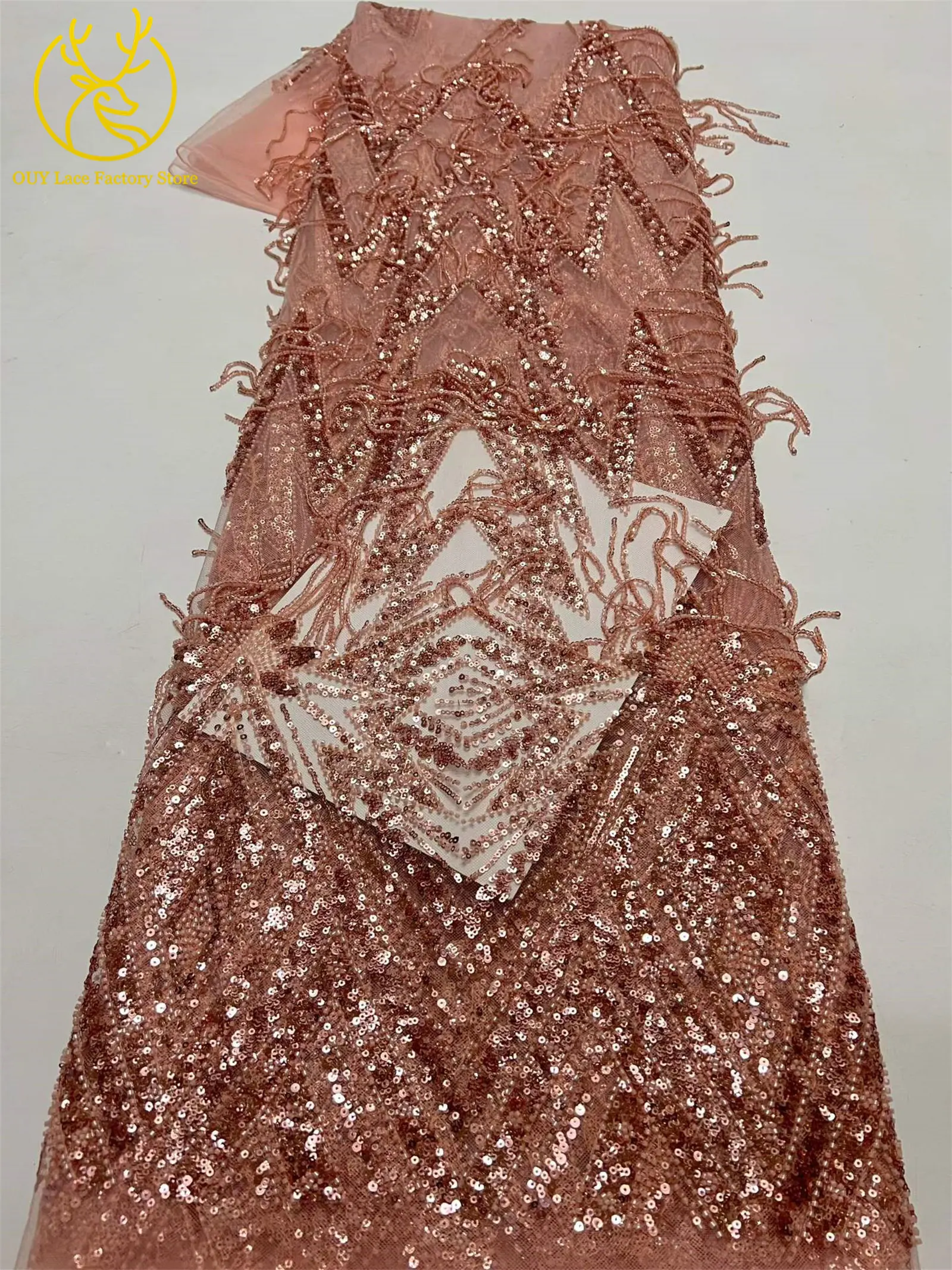 Luxuriöse französische goldene 3D-Hängeperlen-Spitze, hochwertiger afrikanischer Tüll-Pailletten-Spitzenstoff für nigerianische Hochzeitskleider zum Nähen – Detail 16
