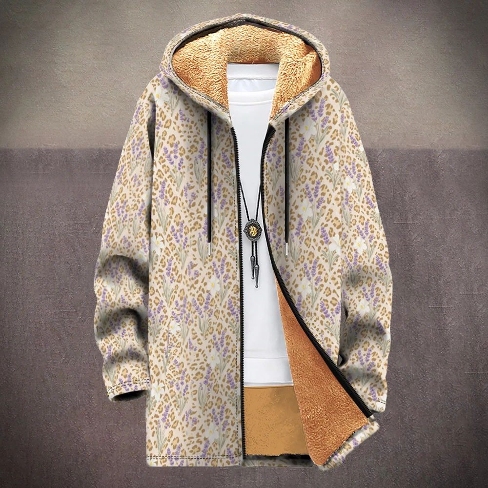 

Leopard Floral Print Hooded Jackets Warm Cozy Coats Fleece Lined Unisex Vintage Streetwear Fashion Fall Winter Outerwear