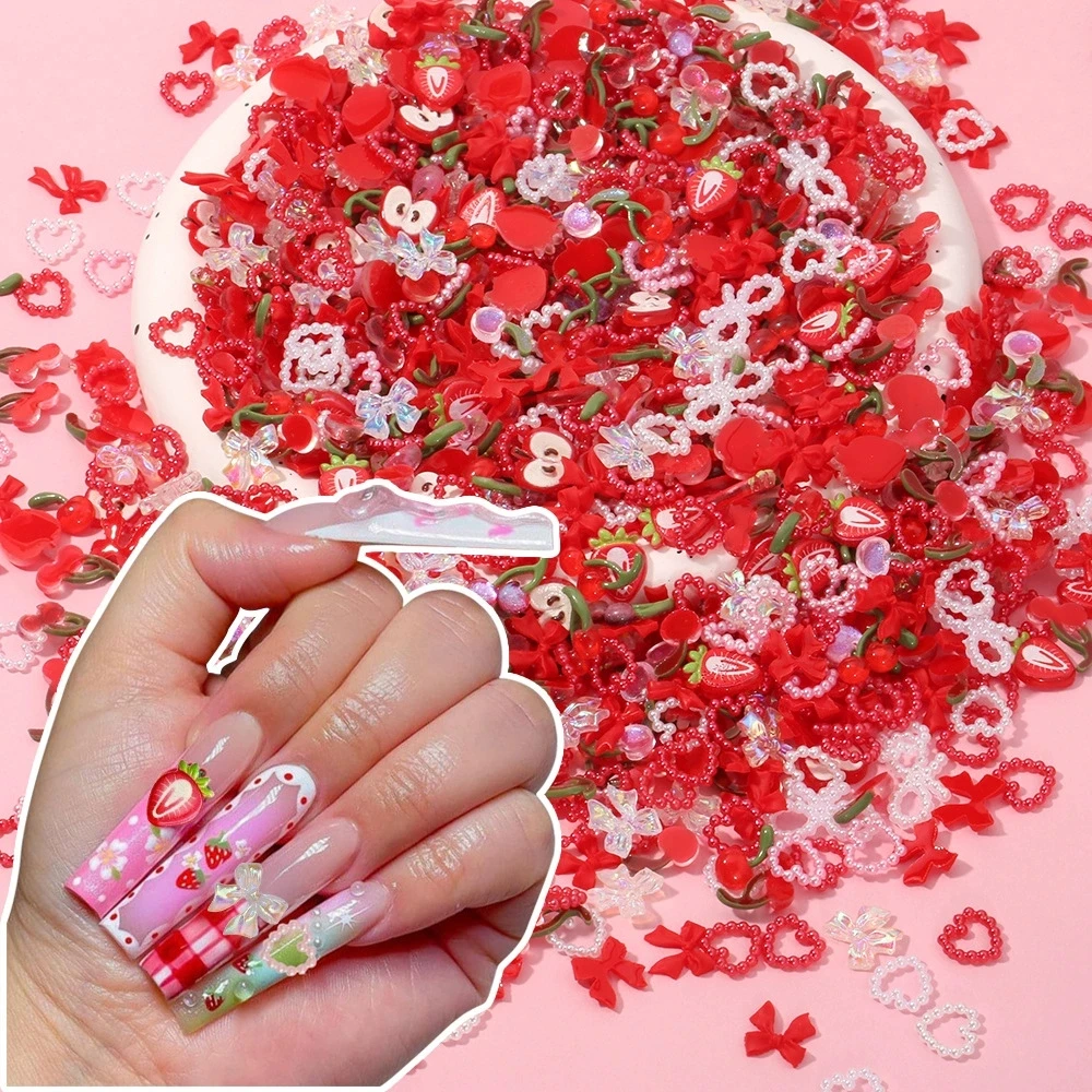 Mix 75Pcs Random Mixed Strawberry Flowers Nail Charms Sweet Resin Flatback Moon Nail Art Decoration Accessories Manicure DIY