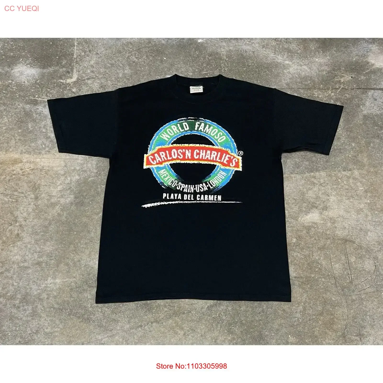 Camiseta Masculina Vintage Preta Carlos N Charlie's Playa del Carmen México, Tamanho Grande, Lavada, Macia, Casual, Ligeiramente Gráfica