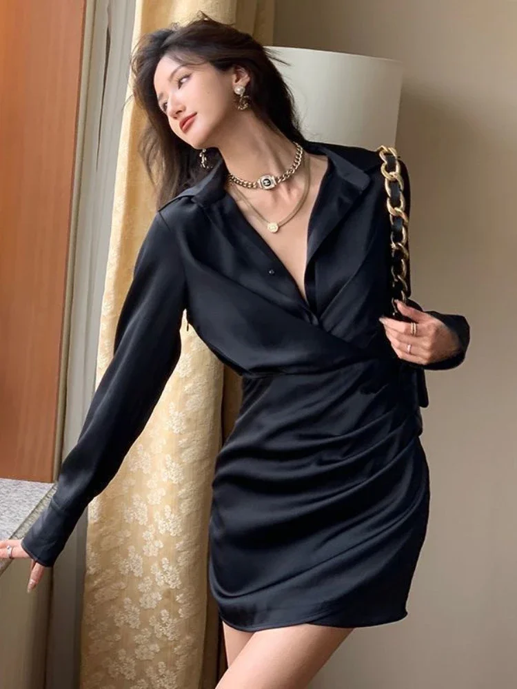 HOUZHOU Black V-neck Dress Old Money Style Women Autumn Slim Patchwork Folds Elegant Sexy Long Sleeve Dresses Party Office Lady