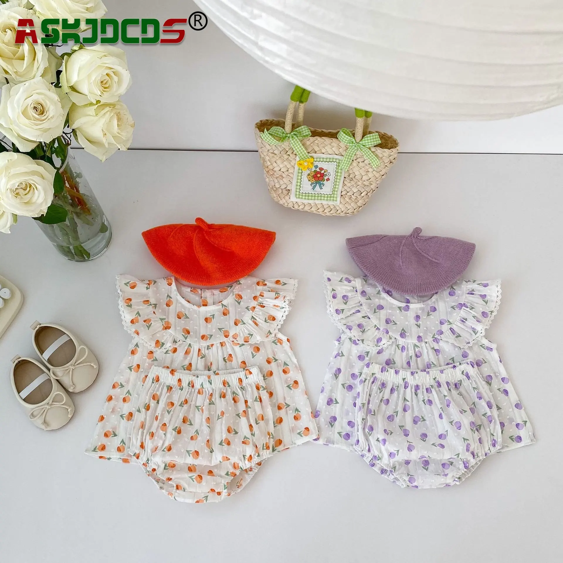 

Pretty:Two-Piece Infant Kids Clothes Tulip Embroidered Summer Set Flutter Sleeves Top T-shirts+Triangle Shorts Baby Girls Thin