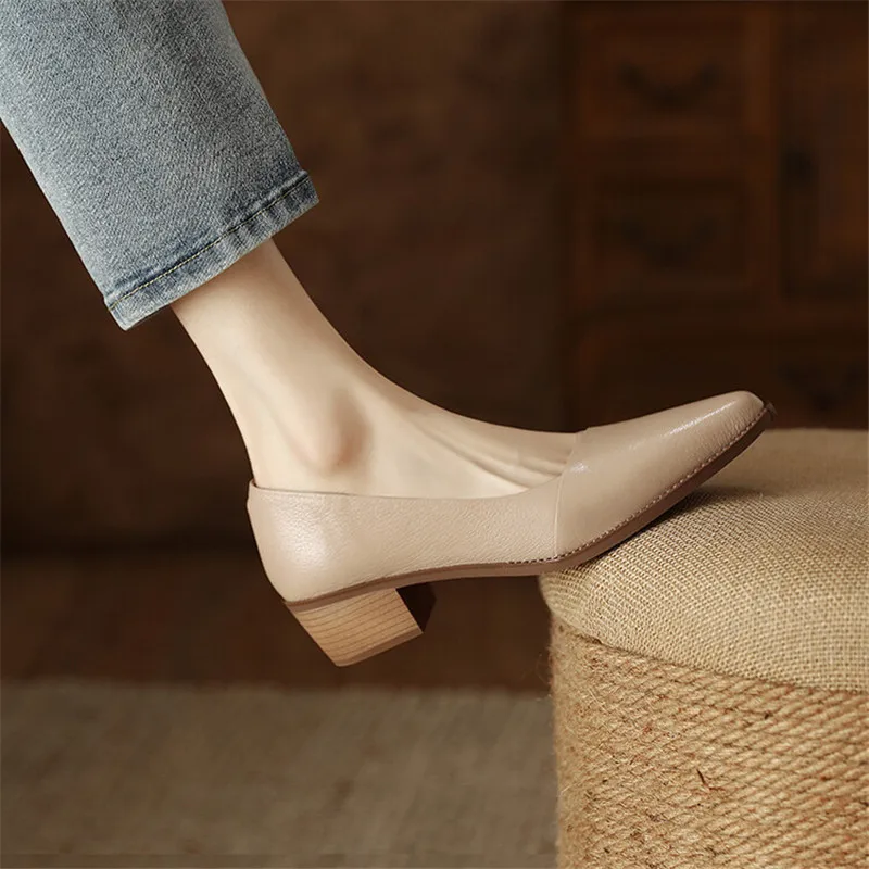 New Spring/Summer Women Shoes Pointed Toe Chunky Heel Shoes for Women Handmade Genuine Leather Women Pumps Zapatos De Mujer