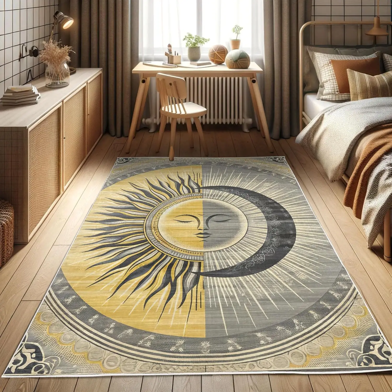 VIKAMA Mysterious Moon and Sun Carpet for Living Room, Bedroom, Floor Mat, Lounge, Large Area Carpet, Home Decoration