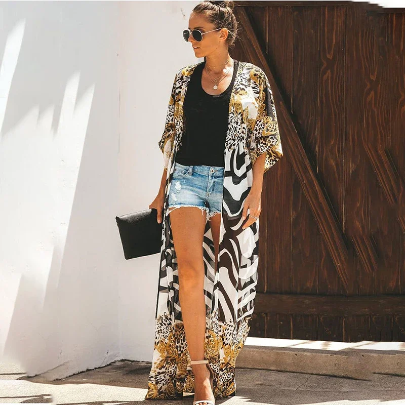 Para Praia – Robe de plage Kimono en mousseline de soie, Cover-Up pour les maillots de bain, manches longues, Sarong pour femmes, Cardigan ample, couvre-Bikini