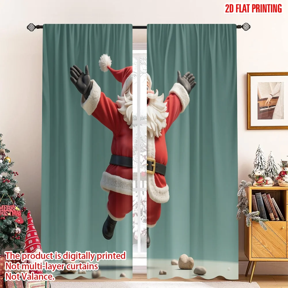 

2pcs 2D flat printing Merry Christmas Popular Window Drapes Santa Claus Breaking Through Green Rocks 100% Polyester Without