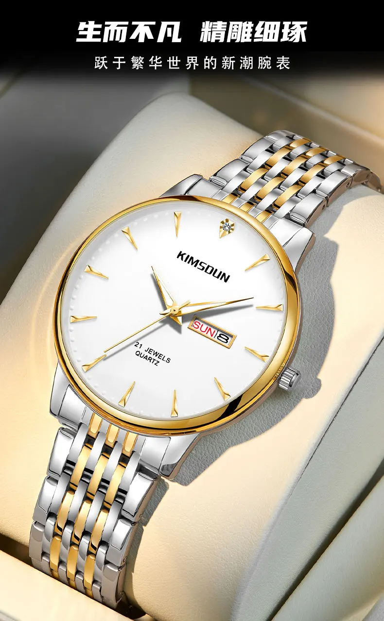 Новые мужские часы, поддельные механические часы, двойной календарь, ремешок из нержавеющей стали, светящиеся водонепроницаемые кварцевые часы с прозрачным дном