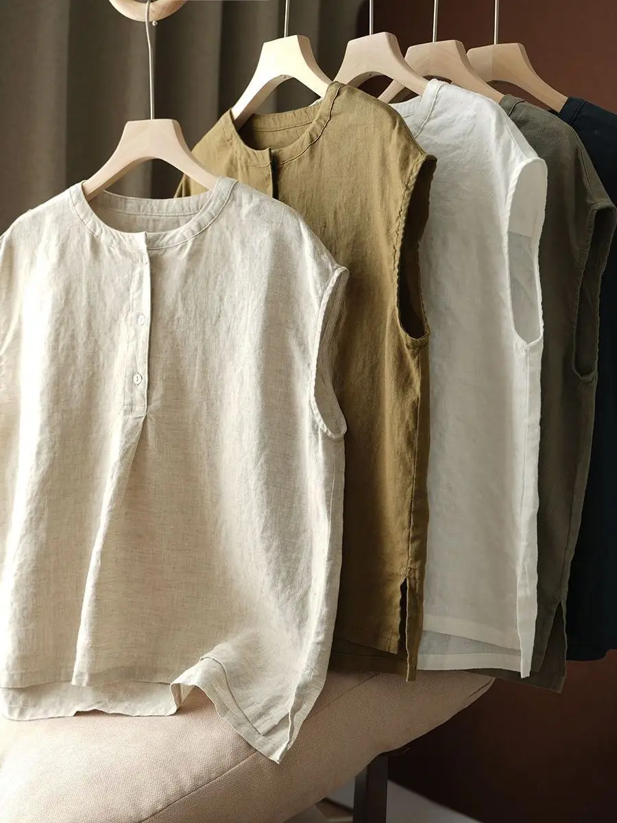 

Женская летняя повседневная рубашка-жилет с широкими плечами и воротником-стойкой, свободного кроя, на пуговицах, из чистого хлопка и льна