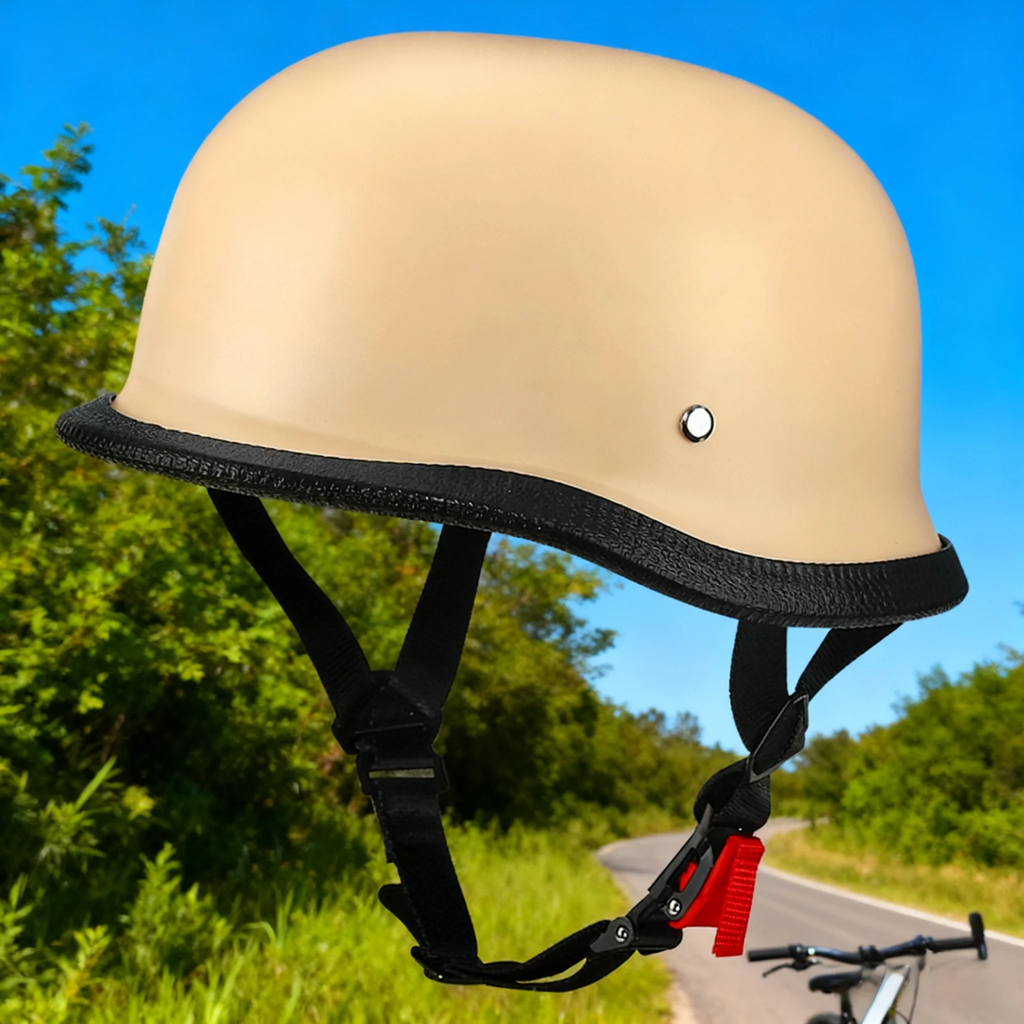 

German retro motorcycle helmet with open-face design, DOT-certified for riders, available in multiple sizes