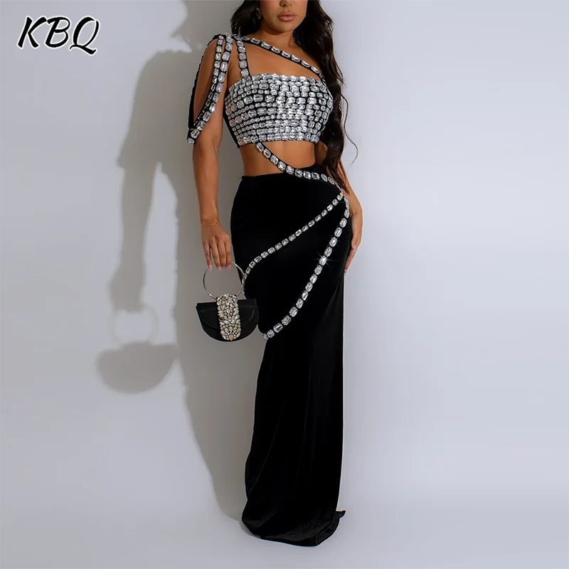 

KBQ Sexy Spliced Diamonds Two Piece Sets For Women Diagonal Collar Sleeveless Tops High Waist Bodycon Skirts Slimming Set Female