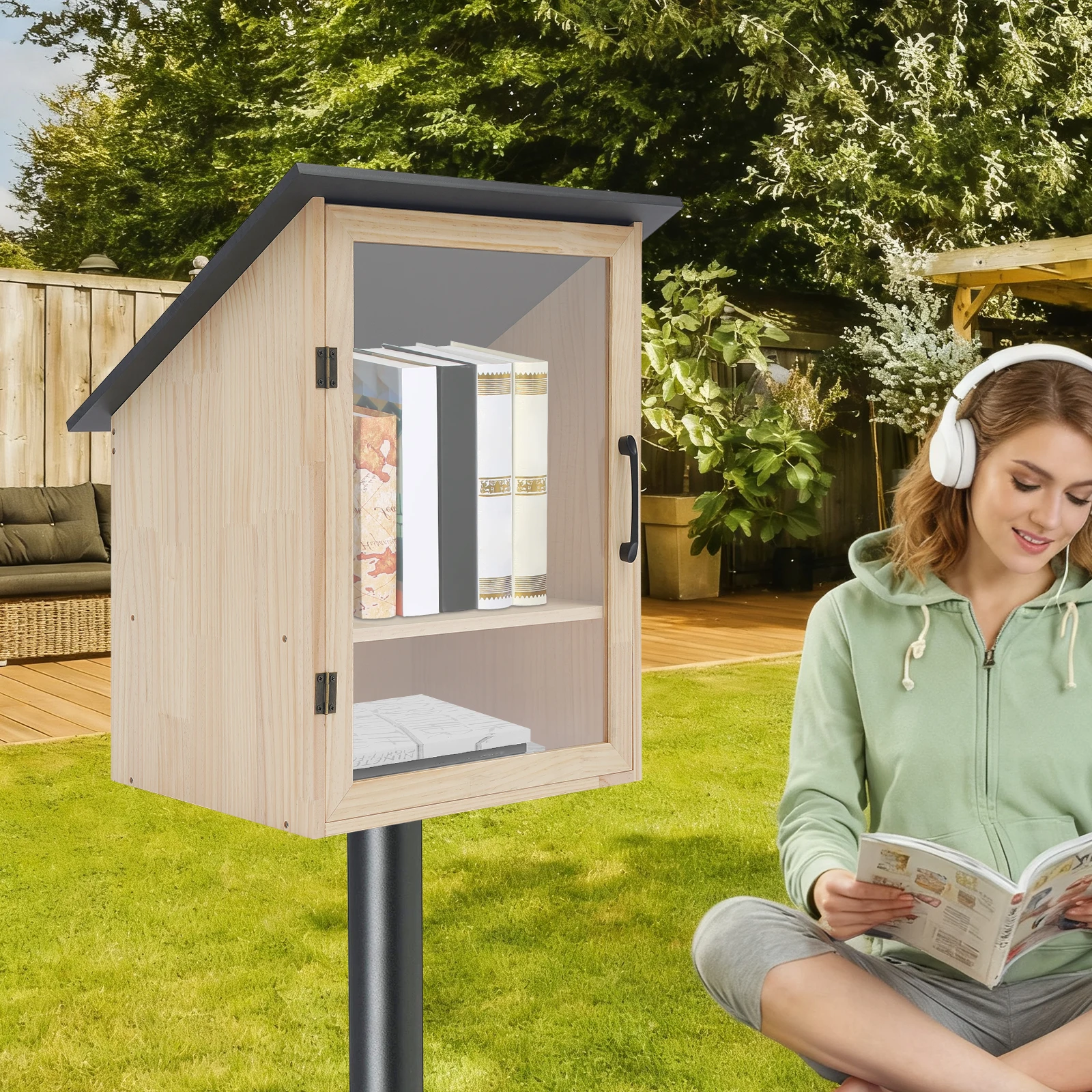 2-Tier Outdoor and Indoor Book Cabinet, Small Wooden Book Cabinet, Durable Design for Public Community School and Back Yard image 3