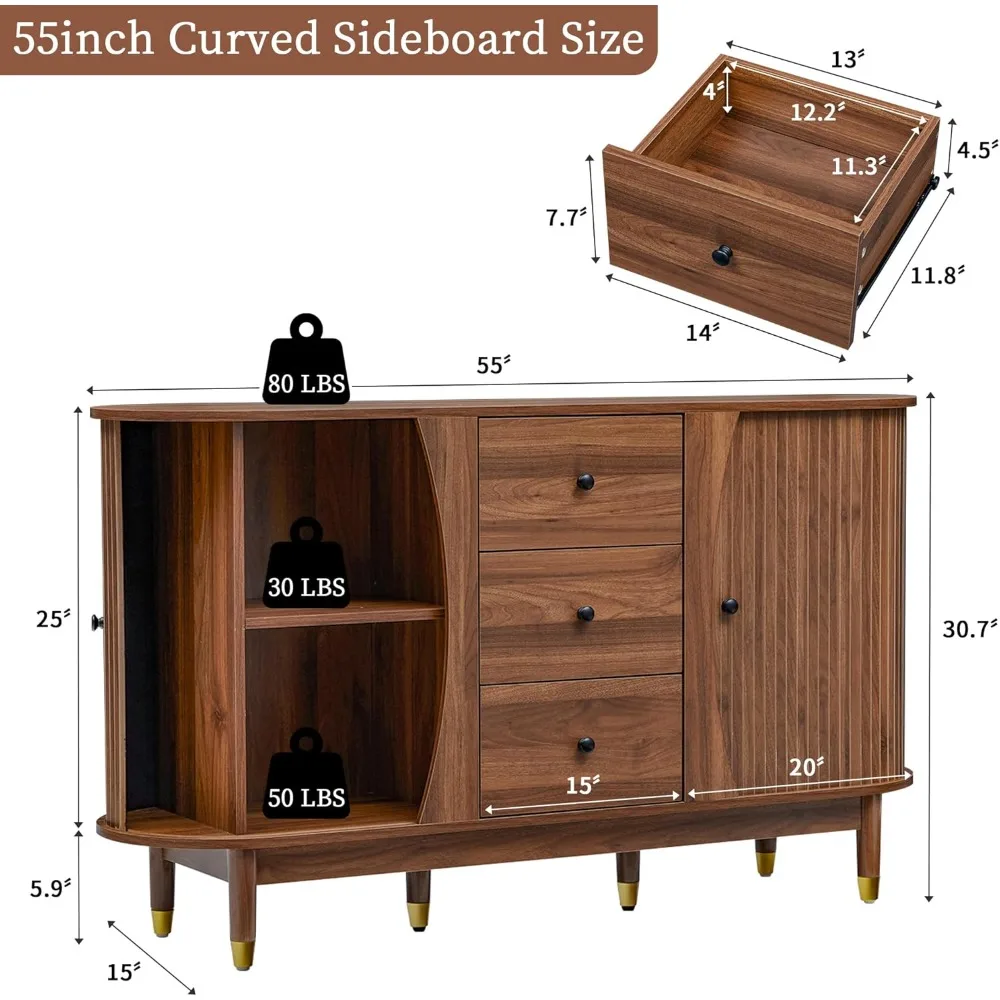 خزانة جانبية منحنية من خشب الجوز مقاس 55 بوصة مع أدراج وخزانة تخزين بباب الدف المنزلق