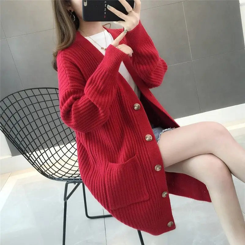 Cardigan de malha grosso de comprimento médio para mulheres, suéter solto, estilo coreano, casaco de malha, primavera, outono, novo, 2023