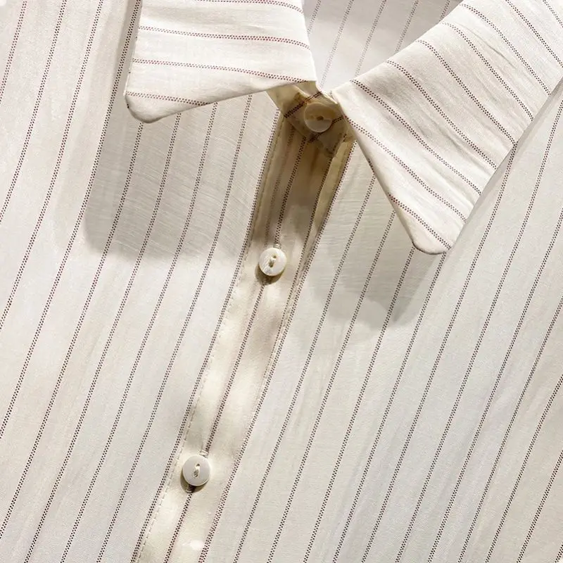 Korean Temperament Lapel Collar Striped Ruffles Patchwork Chiffon Tops Women Summer Thin Style Short Sleeved All-match Shirt