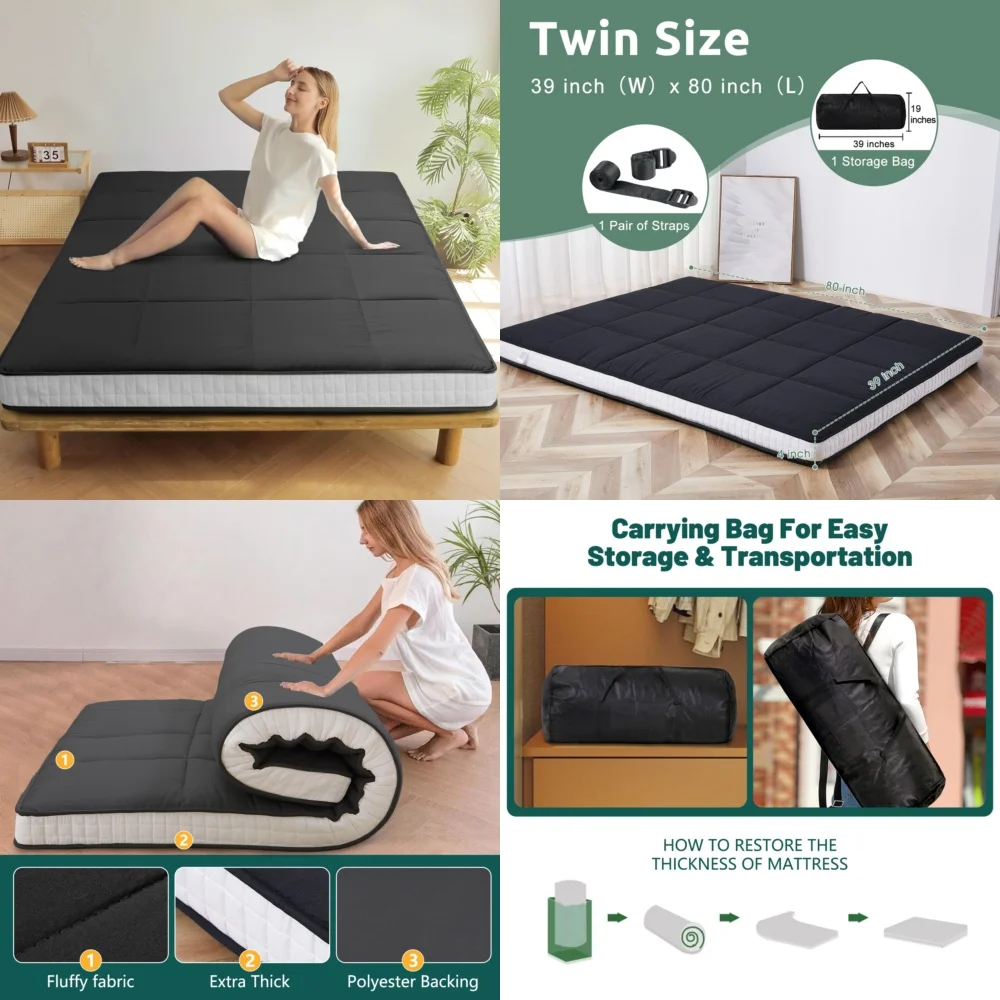 

MattressesJapanese Style Wave Quilted Floor Mattress Twin Size Black Soft Comfortable Futon for Home and Travel