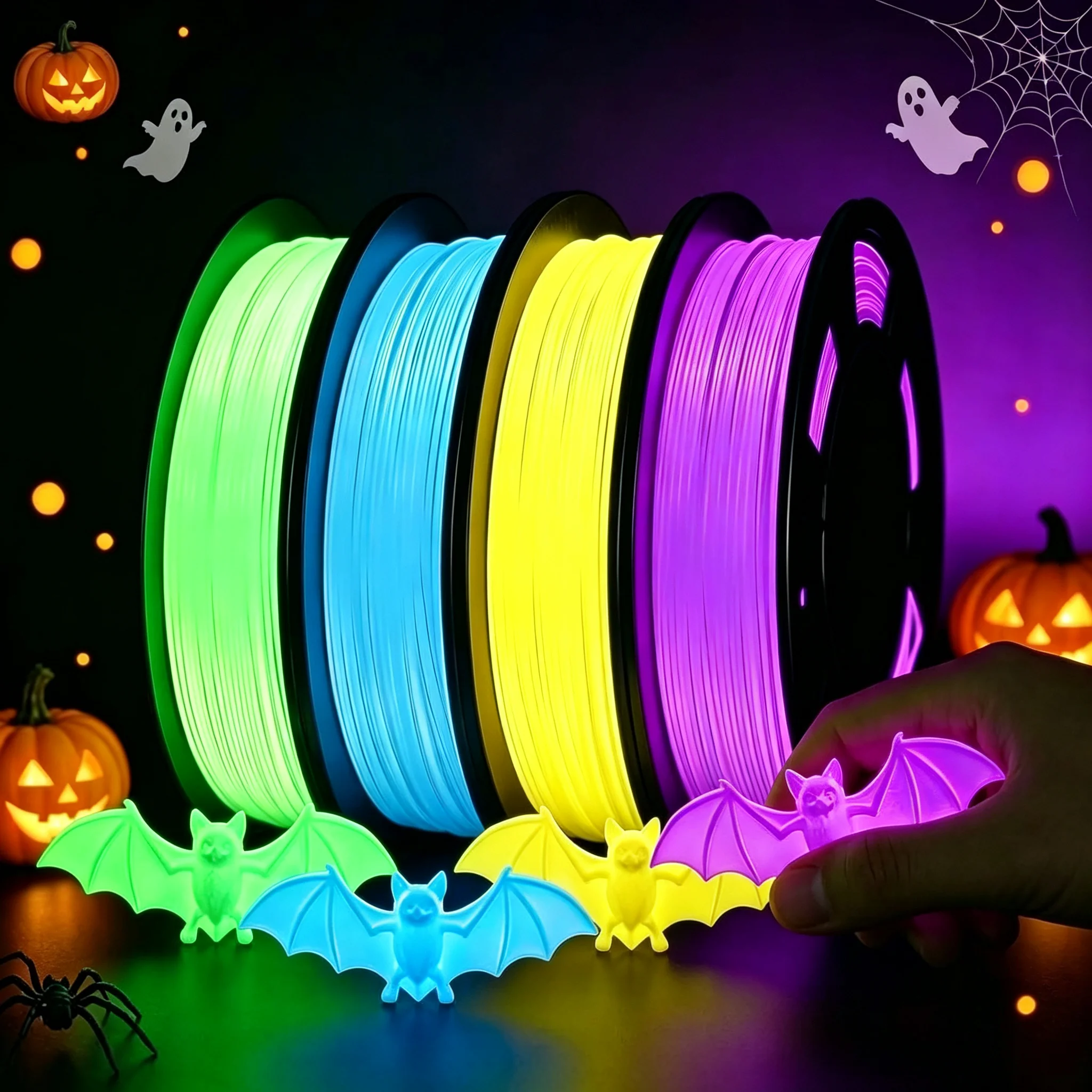 TPU Glow in The Dark 3D Printer Filament, TPU 95A, Blue, Green, Yellow, Purple 250g/250 * 4 Pack,1.75mm 3D Printer for Halloween