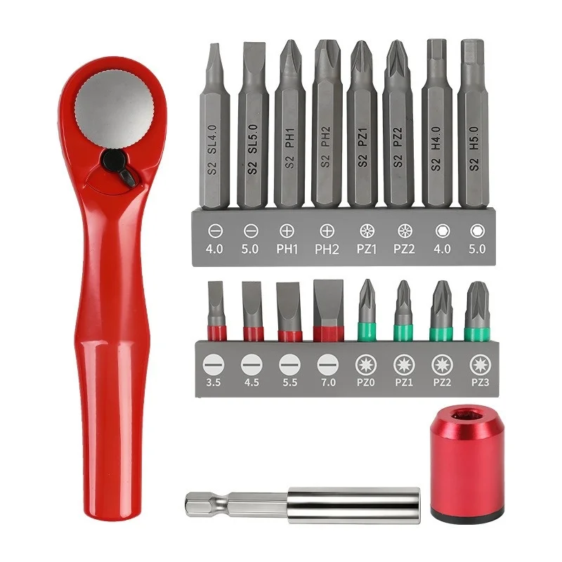 JUSTINLAU Multi‑Function 19‑Piece Red Ratchet Wrench Kit Screwdriver Drill Bits Phillips Slotted Special Shape Short Bits Set